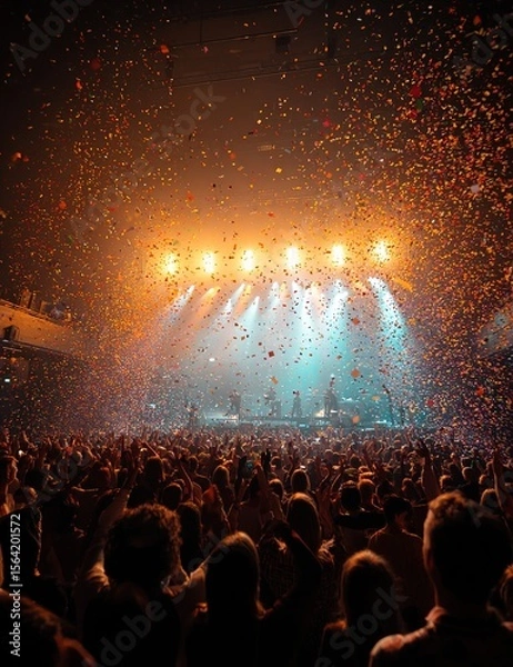 Obraz A crowded concert hall with scene stage orange and yellow lights, rock show performance, with people silhouette, colourful confetti explosion fired on dance floor air during a concert festival