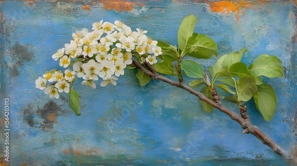Fototapeta Stunning White Blossoms on Rustic Blue Background Spring Branch
