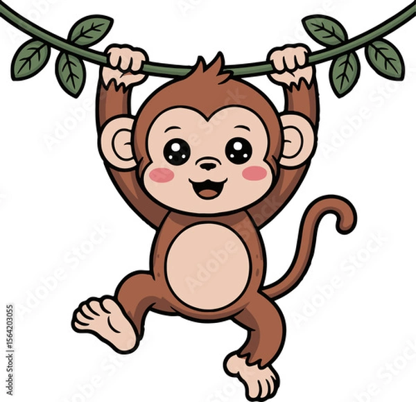 Fototapeta Cartoon monkey hanging from a vine with leaves and a white background looking cute and happy in detail
