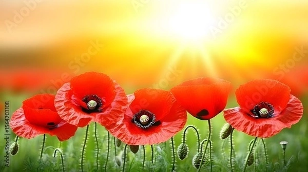 Fototapeta Vibrant Red Poppies in Sunset Field Stunning Floral Image