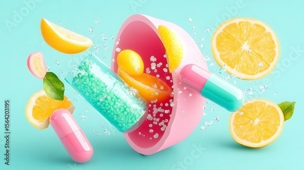 Fototapeta Vibrant Lemon Slices Capsules and Sparkling Water 3D Render