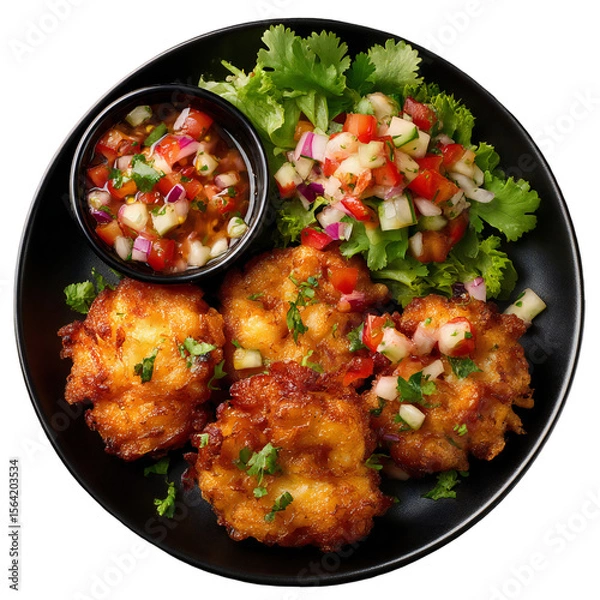 Fototapeta Crispy potato fritters served with salsa and fresh salad displayed on a black plate presents a delicious and vibrant culinary experience, silhouette, transparent background