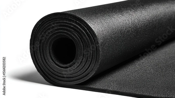 Obraz Rolled black exercise mat; thick, dense, textured surface; tightly wound; partially unfurled, showing layers and a slight shadow against a white background
