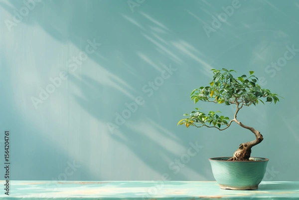 Fototapeta Bonsai in Copy Space with natural curved trunk and delicate foliage on teal background in calm morning studio light