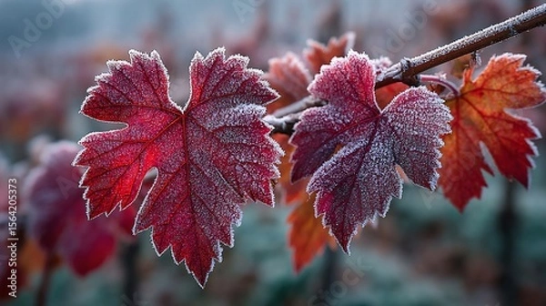 Fototapeta Close-Up of Frosted Ice Wine Grape Foliage in Beautiful Wachau Valley Landscape