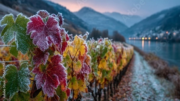 Fototapeta Lush Ice Wine Grape Vines Under Sunlight with Scenic Austrian Wachau Valley Background
