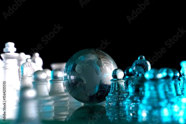 Fototapeta Crystal planet Earth amidst chess pieces showing the American continent, representing concepts of geopolitics, global power, competition for control, international relations, world leaders, struggle f