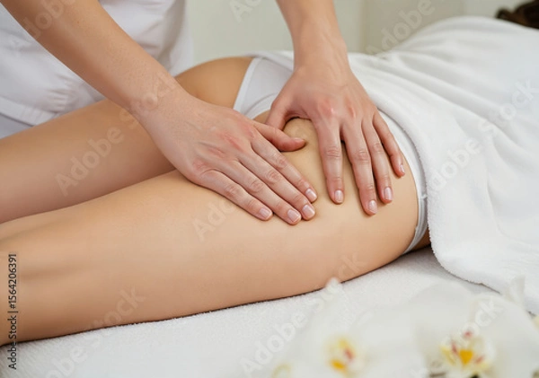 Obraz Expert hands massage a person's thigh, symbolizing well-being, body care, and relaxation in a spa setting