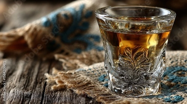 Fototapeta Small Grappa Glass Filled with Clear Liquid on Rustic Wooden Table