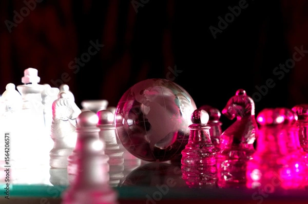 Fototapeta Crystal planet Earth amidst chess pieces showing the American continent, representing concepts of geopolitics, global power, competition for control, international relations, world leaders, struggle f
