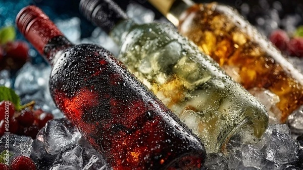 Fototapeta Three Elegant Wine Bottles Nestled Amongst Ice Cubes in a Chilly Setting