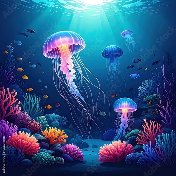 Fototapeta Jellyfish Floating in Underwater Coral Reef Scene