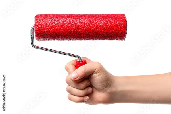Fototapeta Hand holding a red paint roller on a black backdrop, ready for decorating and home improvement projects, silhouette, transparent background