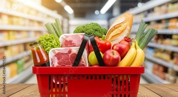 Fototapeta A red shopping basket is filled with groceries including meat, fruit, vegetables, and bread, set against a blurred background of supermarket shelves.