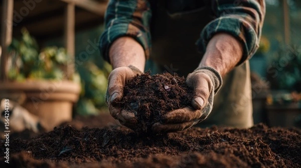 Fototapeta Hands of the Gardener: A close-up shot captures a gardener's hands cradling rich, dark soil, embodying the connection between nature and nurturing.