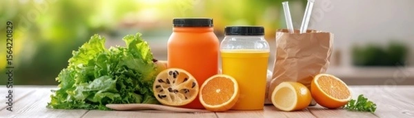 Obraz Fresh juices and healthy ingredients on a table.