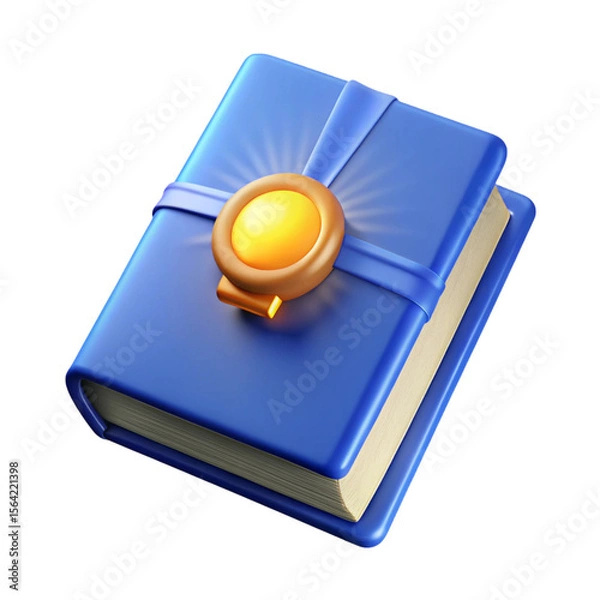 Fototapeta A stylized illustration of a blue book with a golden button and ribbon on black background