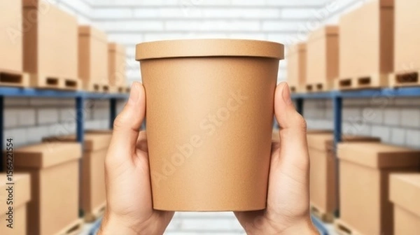 Obraz Hand holding a brown packaging container.