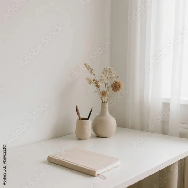 Obraz Modern Rustic Study Table with Natural Materials and Cozy Vibes