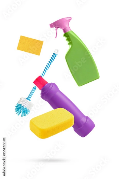 Obraz Household cleaning tools falling isolated on white background
