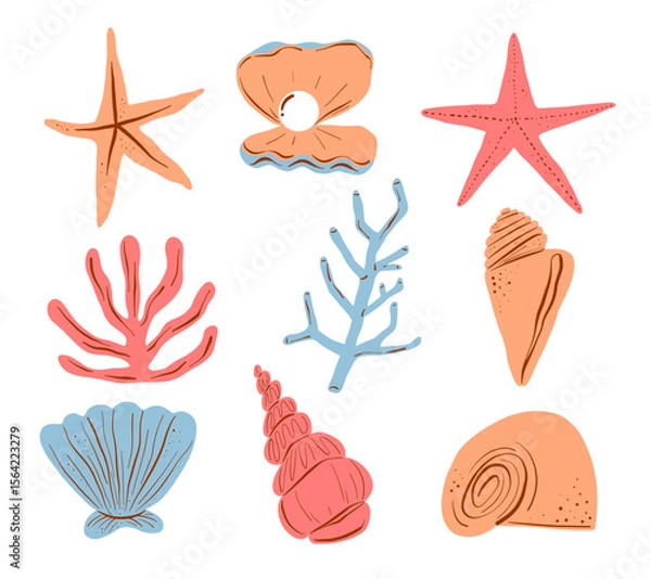 Fototapeta Hand Drawn Starfish Shell Coral Sea Icon. A collection of 9 hand drawn sea elements featuring starfish shells pearls and coral. Perfect for beach designs and ocean themed graphics