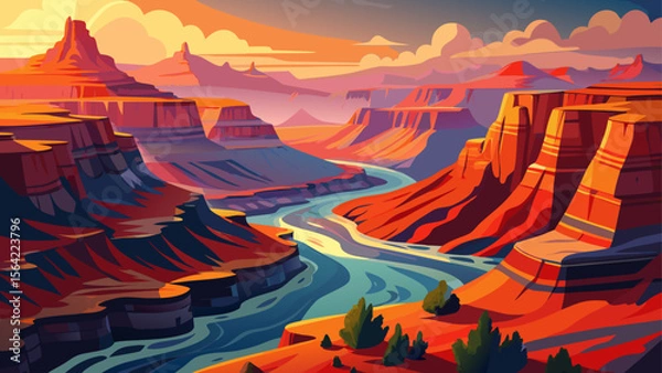 Fototapeta In Grand Canyon National Park, vibrant layers of red rock stretch across the horizon, with morning fog lingering inside the massive canyon, casting shadows over the winding Colorado River.