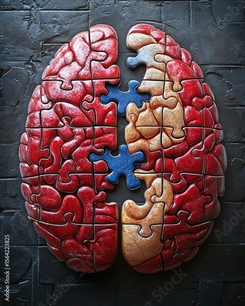 Fototapeta Brain puzzle missing piece being placed Stigma Around Mental Health symbolic conceptual art isolated element and light gradient digital art