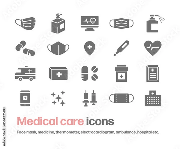 Obraz 医療や健康のアイコンセット。フェイスマスク,薬,病院,救急車,消毒などのシンプルなシルエットイラスト