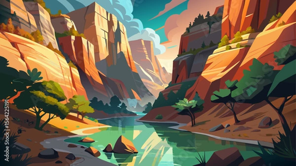 Fototapeta The emerald pools and rust-colored cliffs of Zion National Park reflect softly in early light, as hikers cross narrow canyons carved by time and water.