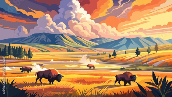 Fototapeta Wild bison roam across golden fields in Yellowstone National Park, while steam rises gently from distant geysers beneath a sky brushed in pastel hues.