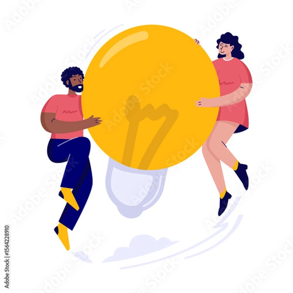 Fototapeta Team collaboration holding big light bulb symbolizing creative ideas teamwork vector illustration