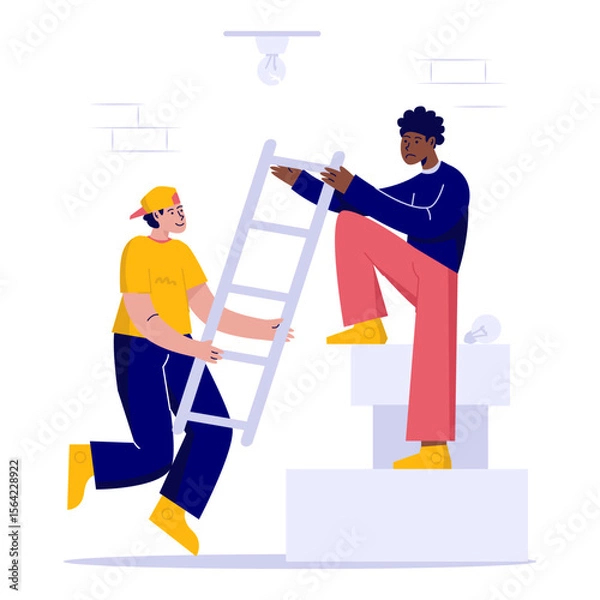 Fototapeta Teamwork collaboration helping other to complete a task or solve a problem vector illustration