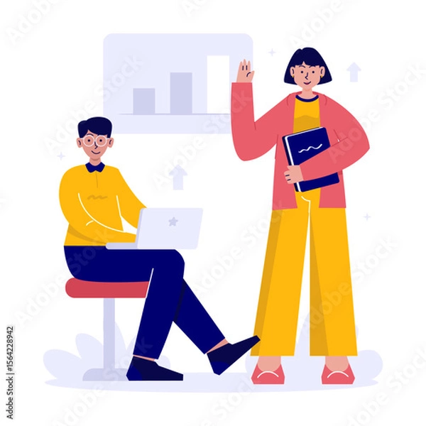 Fototapeta Office workers in teamwork collaboration with target presentation report vector illustration
