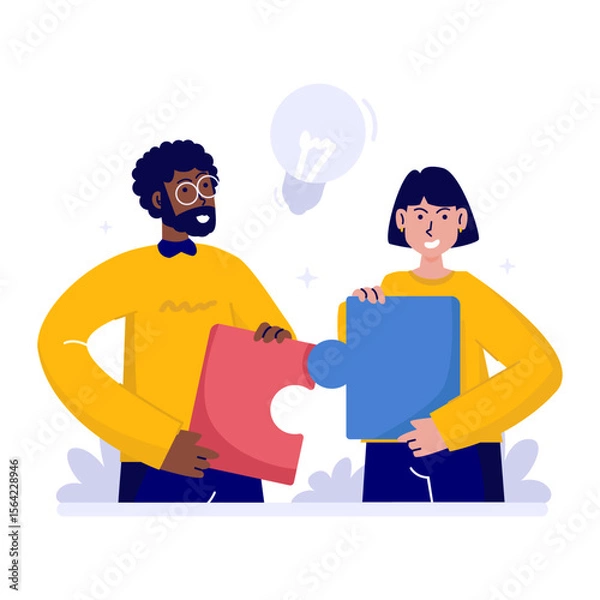 Fototapeta Connecting puzzle pieces symbolizing teamwork collaboration and problem-solving flat vector illustration