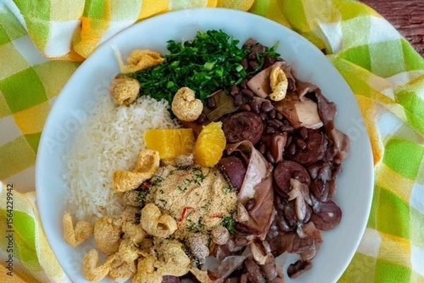 Fototapeta The best traditional Brazilian feijoada completely served in the most authentic style accompanied by the irresistible and iconic cachaça caipirinha