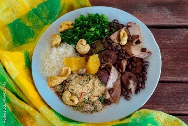 Fototapeta The best traditional Brazilian feijoada completely served in the most authentic style accompanied by the irresistible and iconic cachaça caipirinha