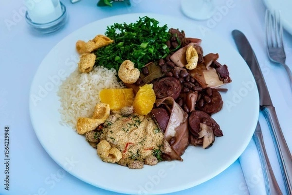 Fototapeta The best traditional Brazilian feijoada completely served in the most authentic style accompanied by the irresistible and iconic cachaça caipirinha