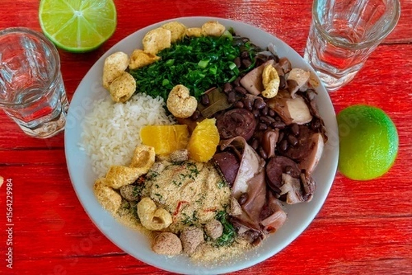 Fototapeta The best traditional Brazilian feijoada completely served in the most authentic style accompanied by the irresistible and iconic cachaça caipirinha
