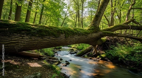 Obraz Fallen mossy tree trunk arches over a tranquil forest stream.