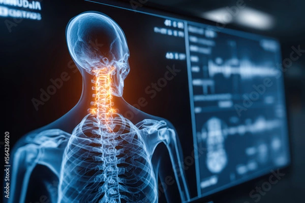 Fototapeta Human spine highlighted in digital X ray display showing cervical vertebrae pain and medical diagnostic screen.