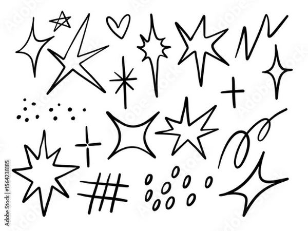Fototapeta Hand Drawn Sparkle and Symbol Doodle. A collection of 19 expressive black line elements including sparkles stars scribbles crosses heart and accents in playful hand drawn doodle style for creative use