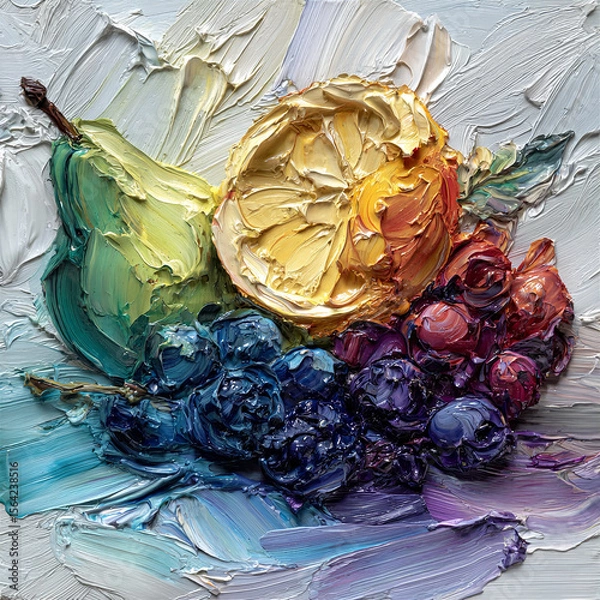 Obraz Fruit in Motion: Pear and Grapes Painted in Thick Oil Impasto
