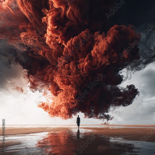Obraz Ash Surge: Figure Confronting a Towering Red Smoke Eruption
