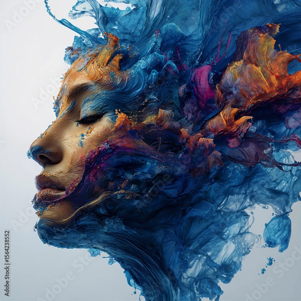 Obraz Blue Reverie: Dreamlike Woman Immersed in Flowing Ink Swirls
