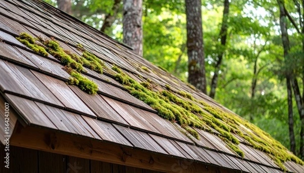 Fototapeta Close Up View Of Wooden Shingled Roof Covered In Green Moss With Green Forest Background And Natural Daylight
