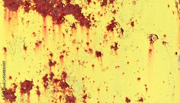 Fototapeta Detailed Close Up Of Weathered Yellow Metal Panel With Textured Rust Overlay