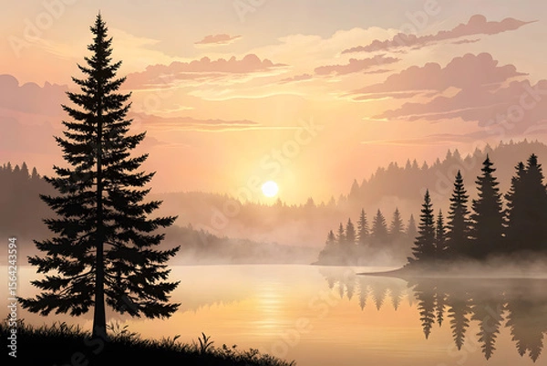 Fototapeta Serene lake at sunrise with silhouetted pine trees and misty forest background
