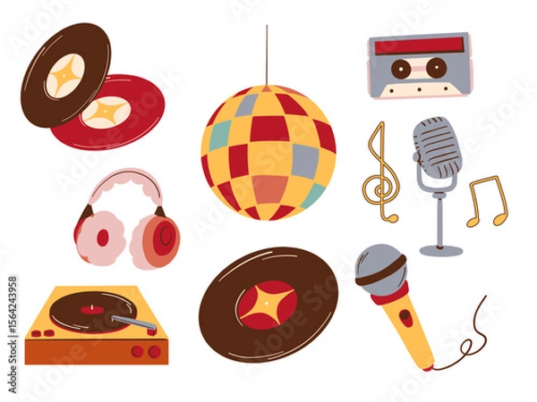 Fototapeta Doodle Style Retro Music Collection. A playful collection of retro music themed doodle illustrations including vinyl record, cassette tape, disco ball, microphone. Perfect for nostalgic audio projects
