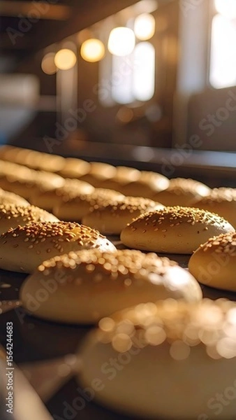 Fototapeta Golden Brown Baked Bread Rolls with Sesame Seeds arranged in Rows inside Bakery Lit by Natural Daylight
