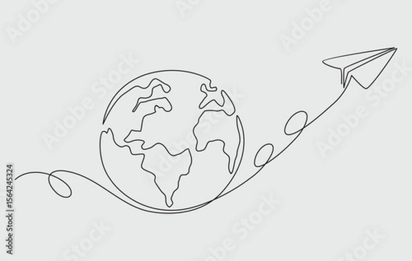 Fototapeta One continuous line drawing of Earth globe with paper airplane.